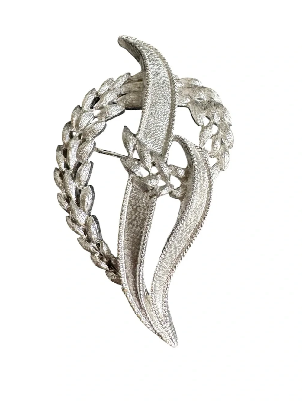 Vintage Trifari Brooch Brushed Silver Pin Wheat Leaf Crest Grandma Jewelry Retro